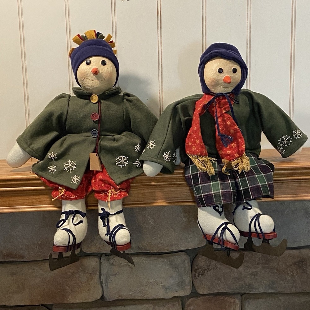 2 Vintage New NWT‎ Mantle Christmas Snowman Pair Christmas Decor Girl & Boy